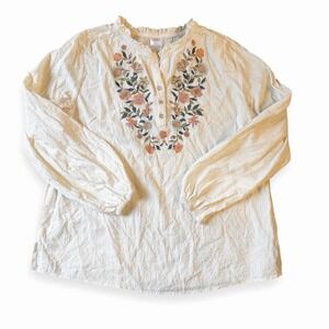 Women's Bohemian Embroidered 100% Cottton Pullover Off-white Tunic Size L